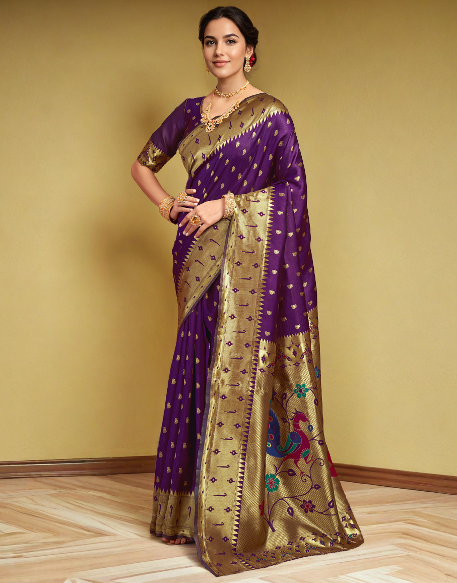 Silk Paithani Traditional Saree with Intricate Weaving Work (Purple)