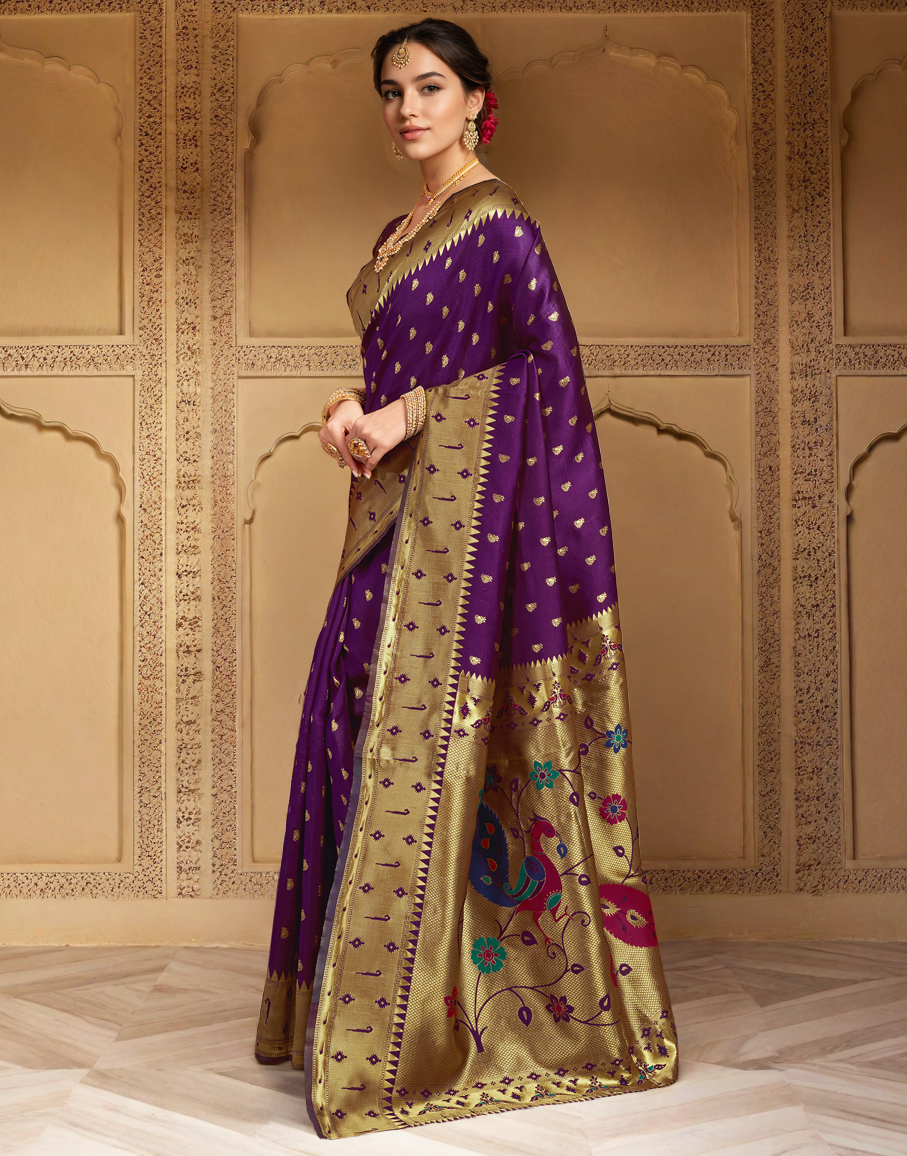 Silk Paithani Traditional Saree with Intricate Weaving Work (Purple)