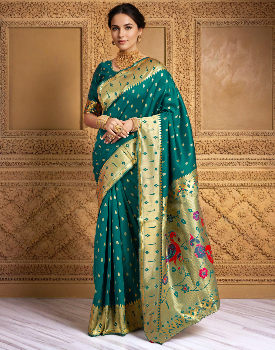 Silk Paithani Traditional Saree with Intricate Weaving Work (Rama)