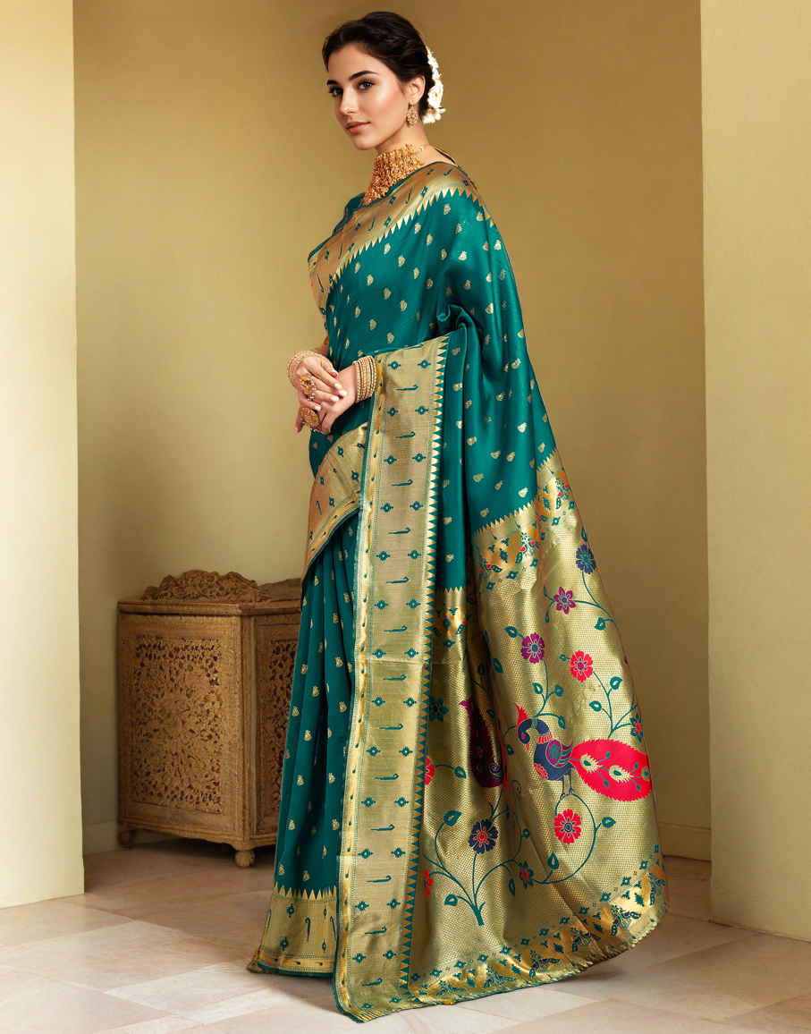 Silk Paithani Traditional Saree with Intricate Weaving Work (Rama)