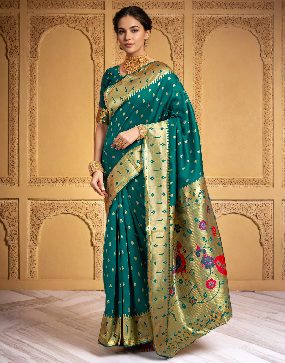 Silk Paithani Traditional Saree with Intricate Weaving Work (Rama)