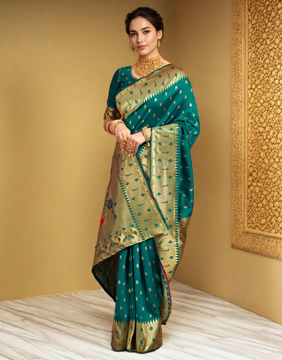 Silk Paithani Traditional Saree with Intricate Weaving Work (Rama)