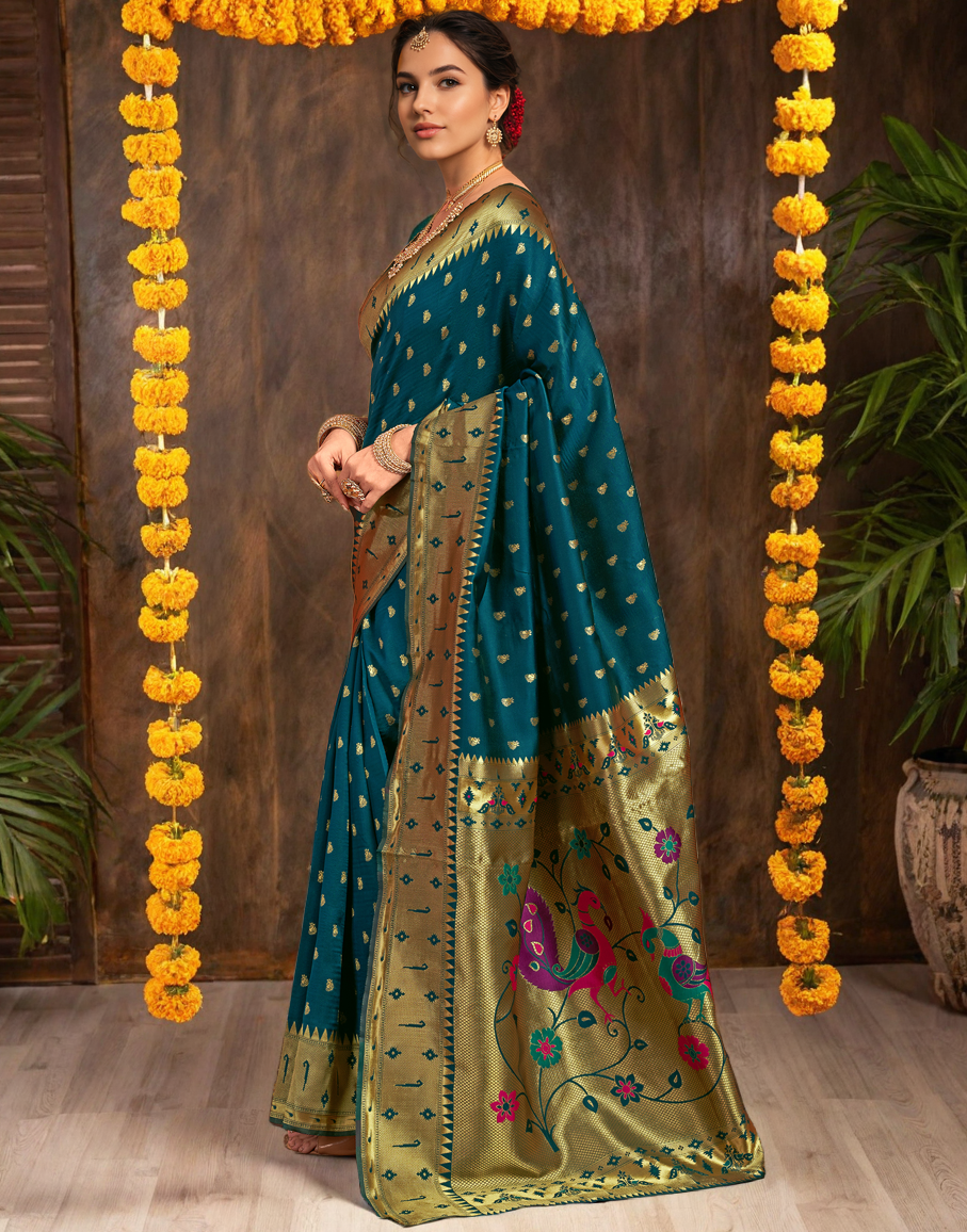 Silk Paithani Traditional Saree with Intricate Weaving Work (Teal)