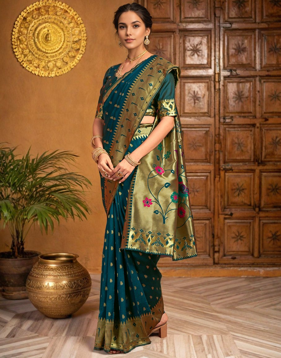Silk Paithani Traditional Saree with Intricate Weaving Work (Teal)