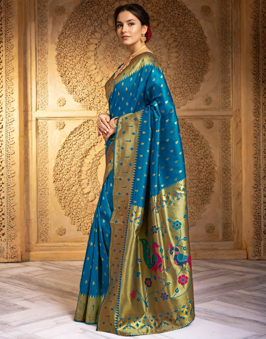 Silk Paithani Traditional Saree with Intricate Weaving Work (Turquoise)