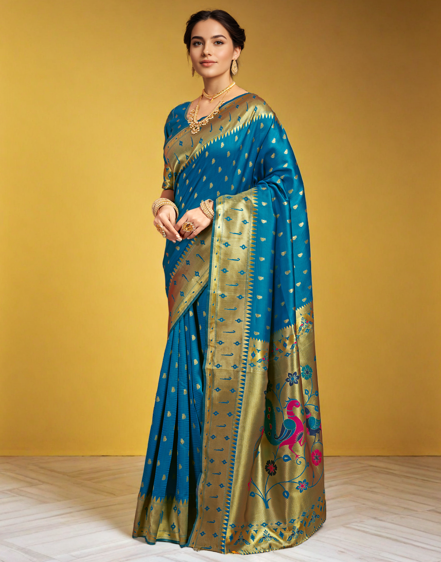 Silk Paithani Traditional Saree with Intricate Weaving Work (Turquoise)