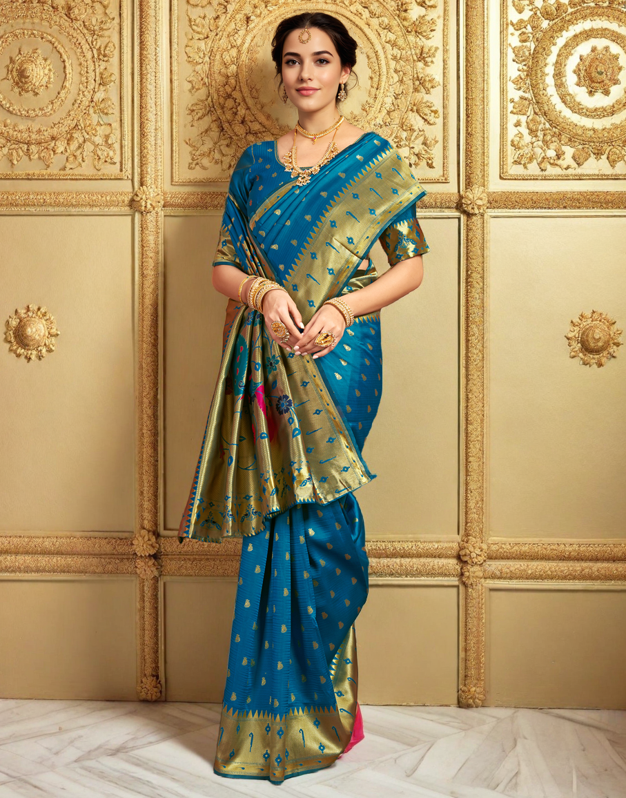 Silk Paithani Traditional Saree with Intricate Weaving Work (Turquoise)