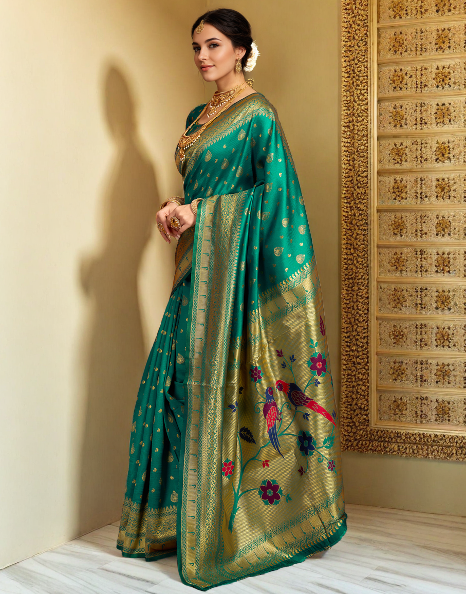 Green Color Silk Weaving Paithani Work Designer Saree