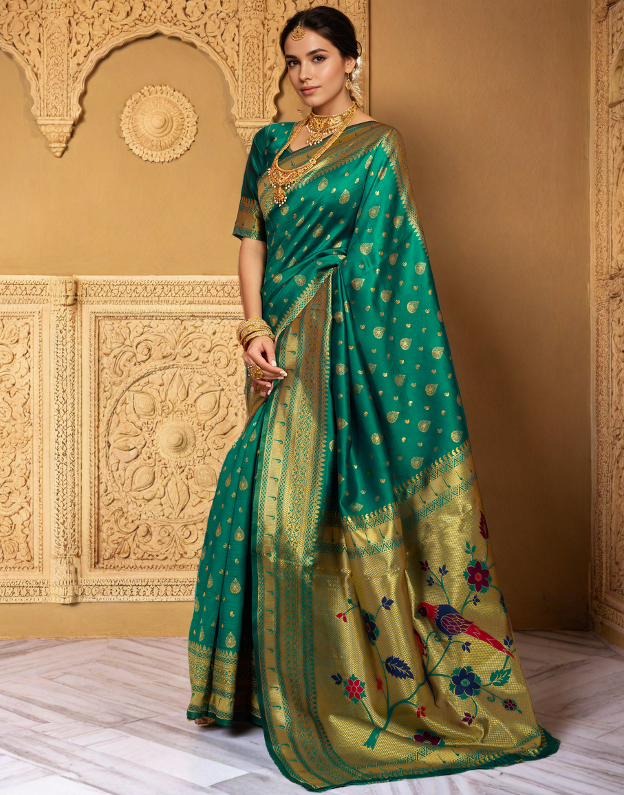 Green Color Silk Weaving Paithani Work Designer Saree