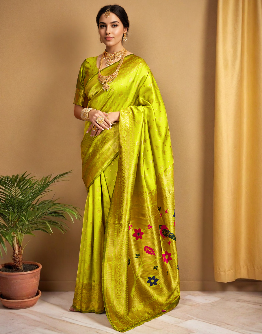 Lime Green Color Silk Weaving Paithani Work Designer Saree
