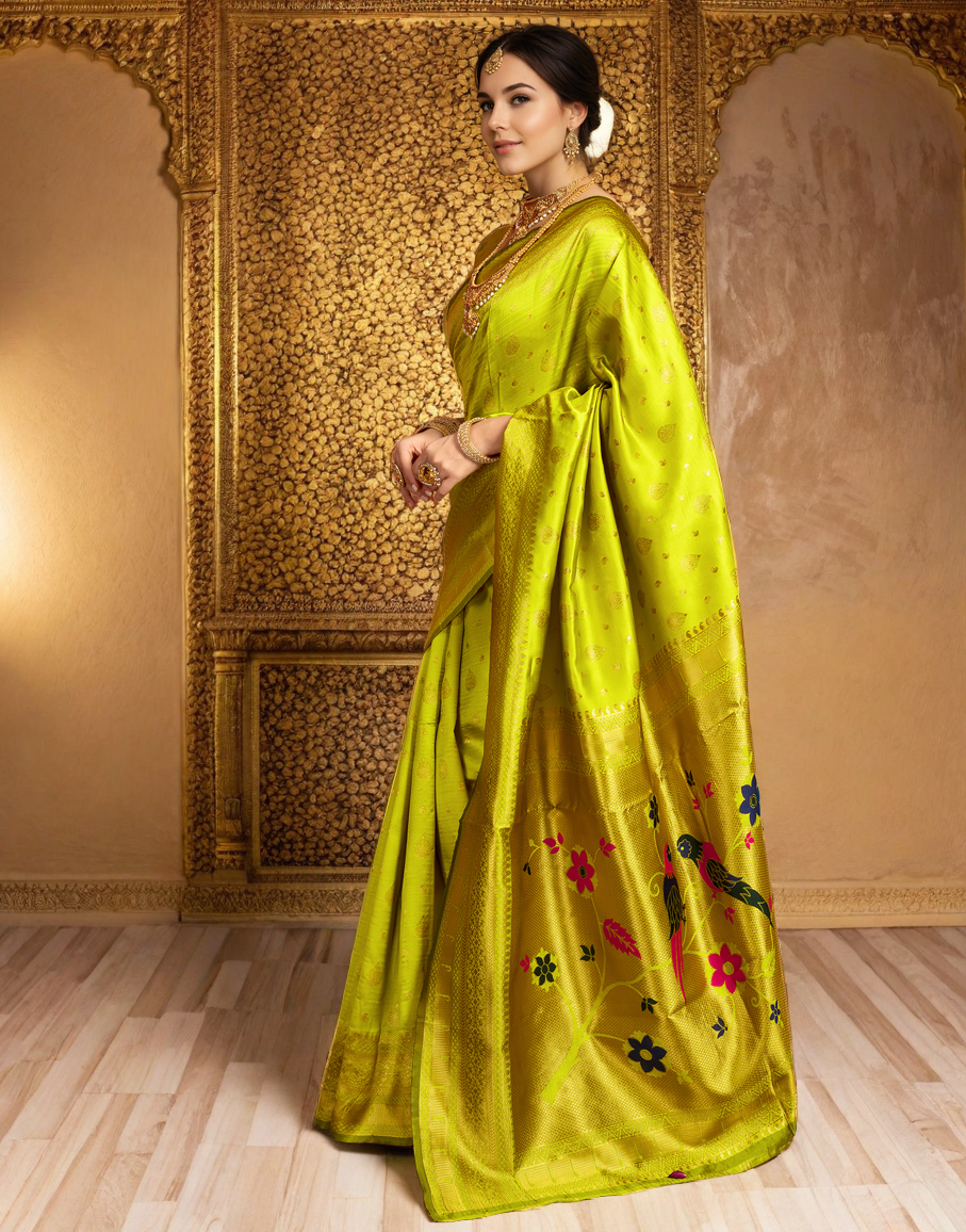 Lime Green Color Silk Weaving Paithani Work Designer Saree