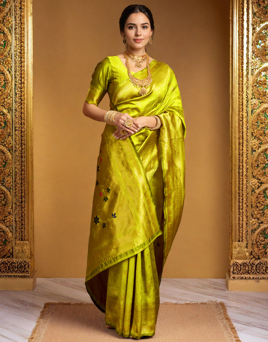 Lime Green Color Silk Weaving Paithani Work Designer Saree