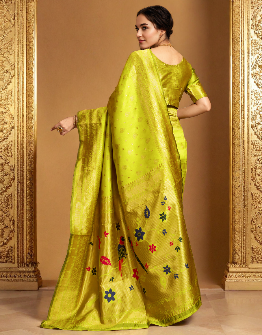 Lime Green Color Silk Weaving Paithani Work Designer Saree