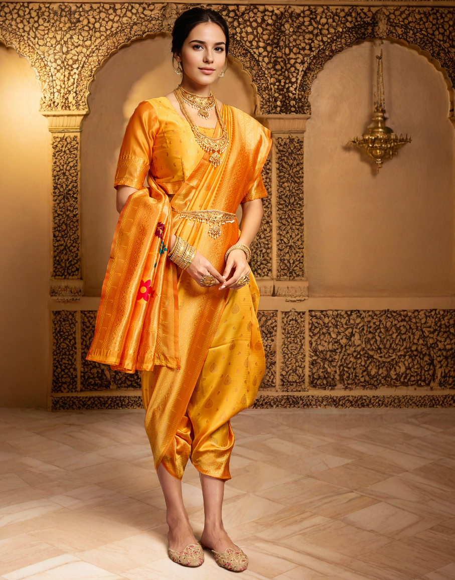 Musturd Color Silk Weaving Paithani Work Designer Saree