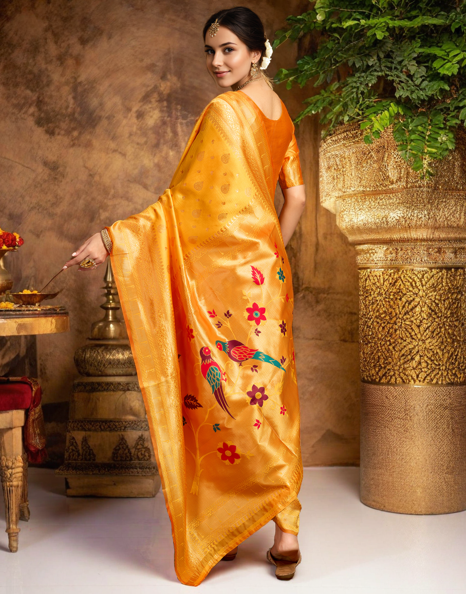 Musturd Color Silk Weaving Paithani Work Designer Saree