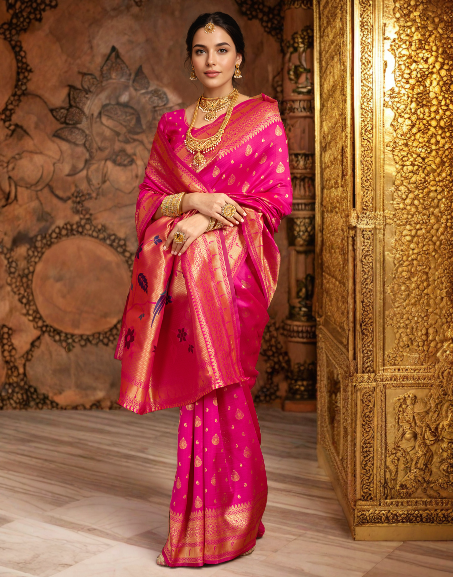 Pink Color Silk Weaving Paithani Work Designer Saree