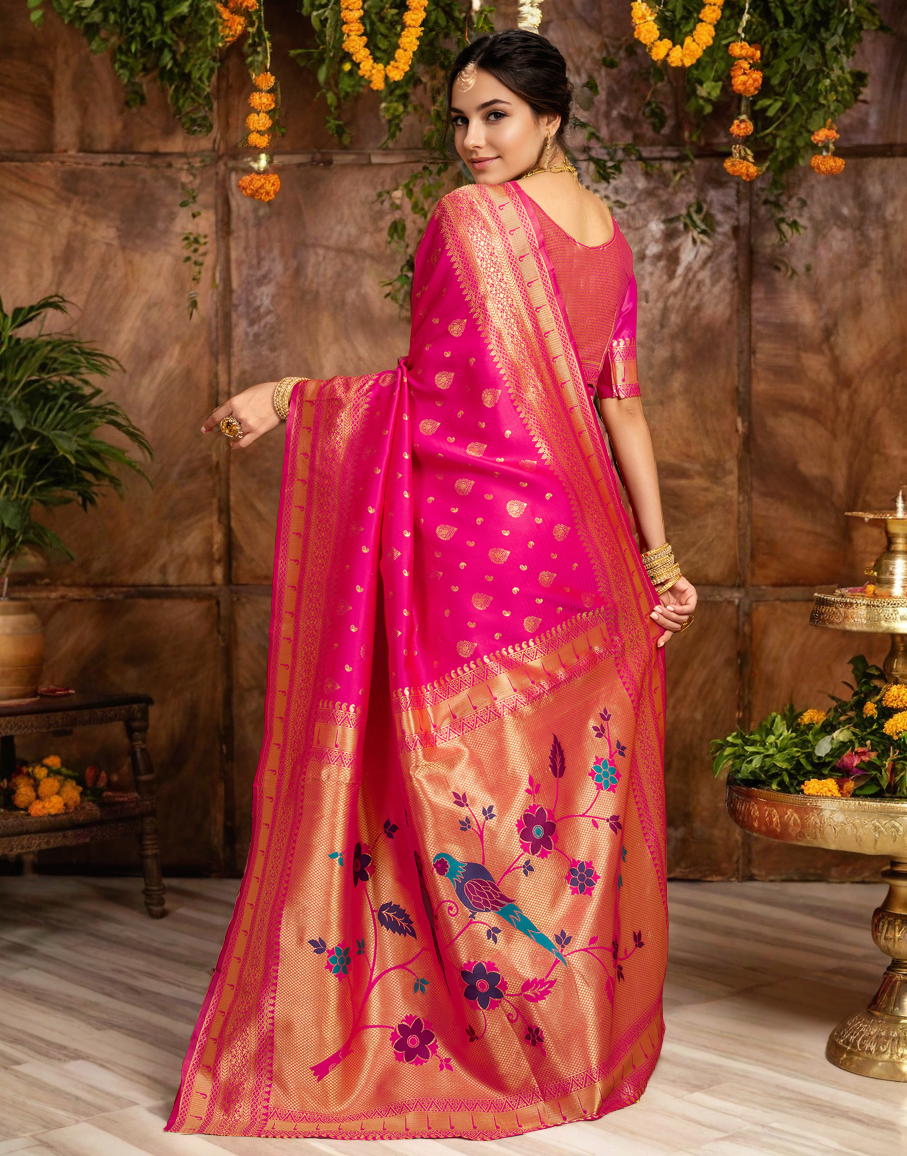 Pink Color Silk Weaving Paithani Work Designer Saree