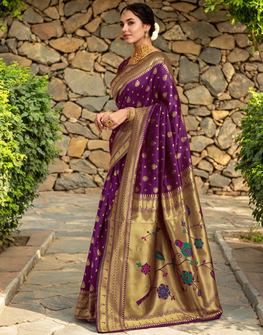Purple Color Silk Weaving Paithani Work Designer Saree