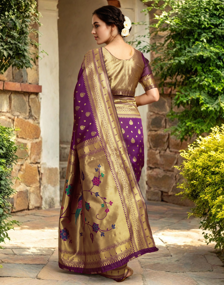 Purple Color Silk Weaving Paithani Work Designer Saree
