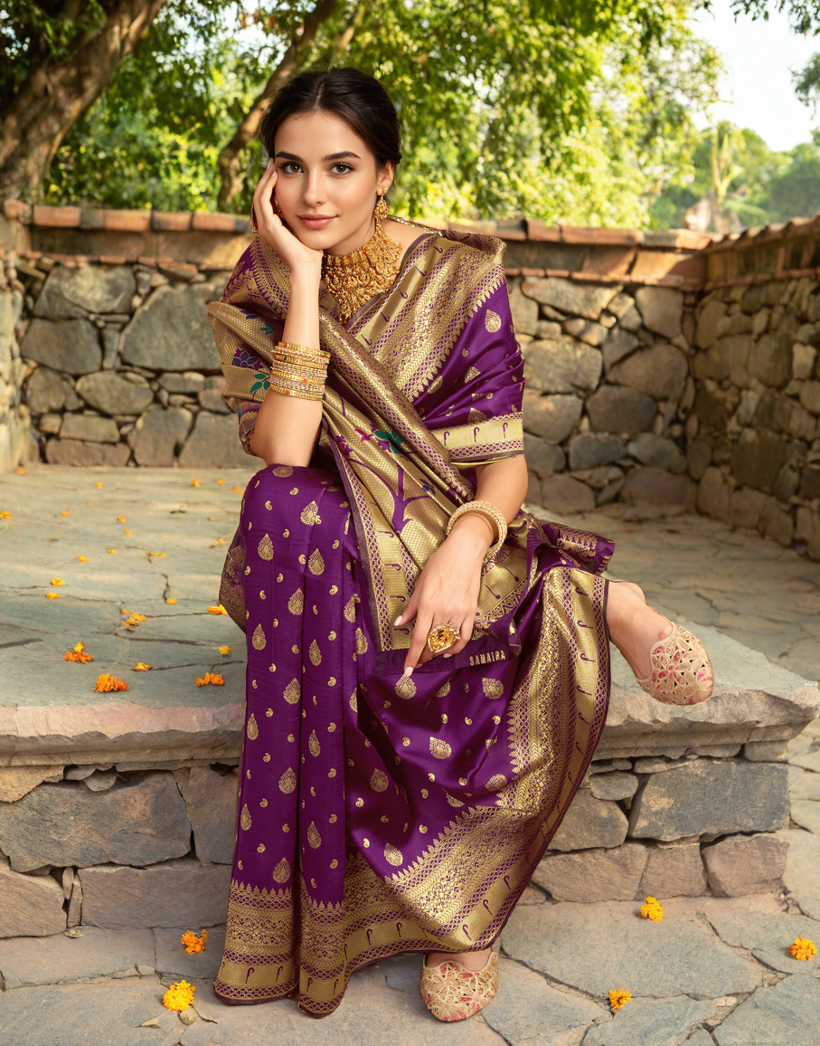 Purple Color Silk Weaving Paithani Work Designer Saree