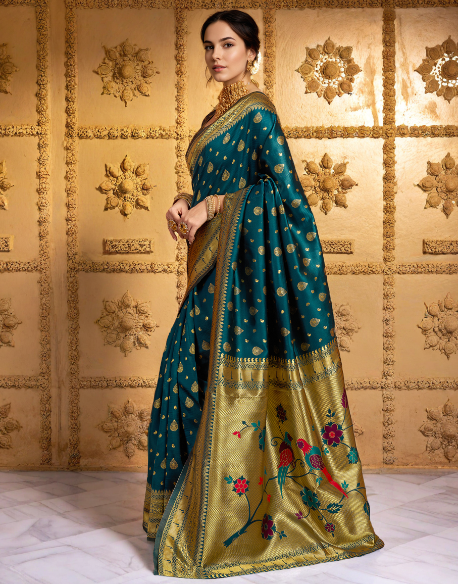 Teal Color Silk Weaving Paithani Work Designer Saree