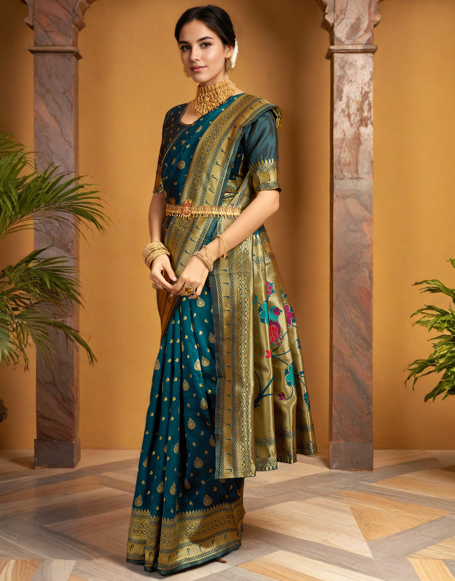 Teal Color Silk Weaving Paithani Work Designer Saree