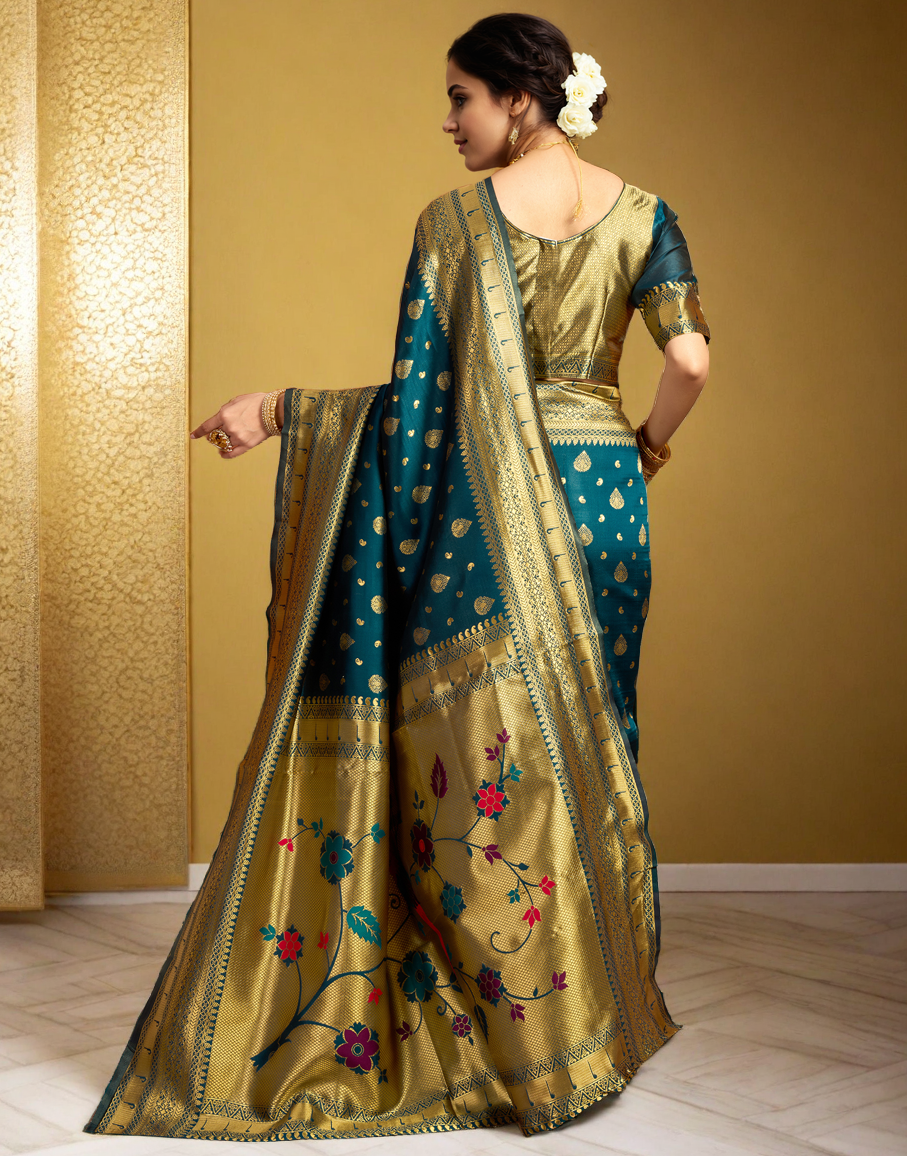 Teal Color Silk Weaving Paithani Work Designer Saree
