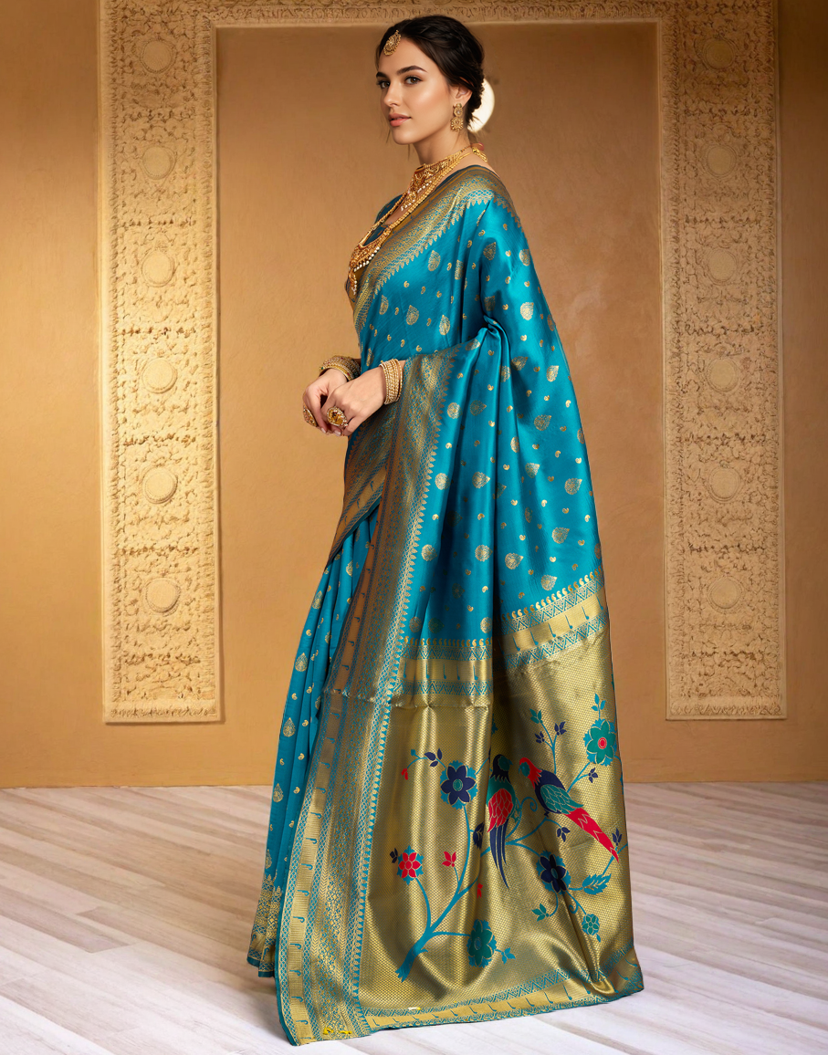 Turquoise Color Silk Weaving Paithani Work Designer Saree