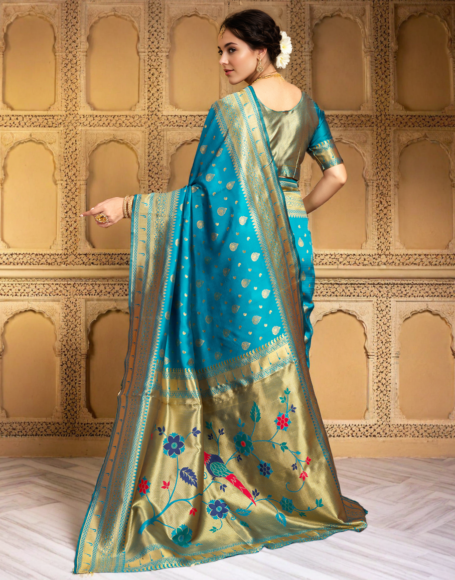 Turquoise Color Silk Weaving Paithani Work Designer Saree