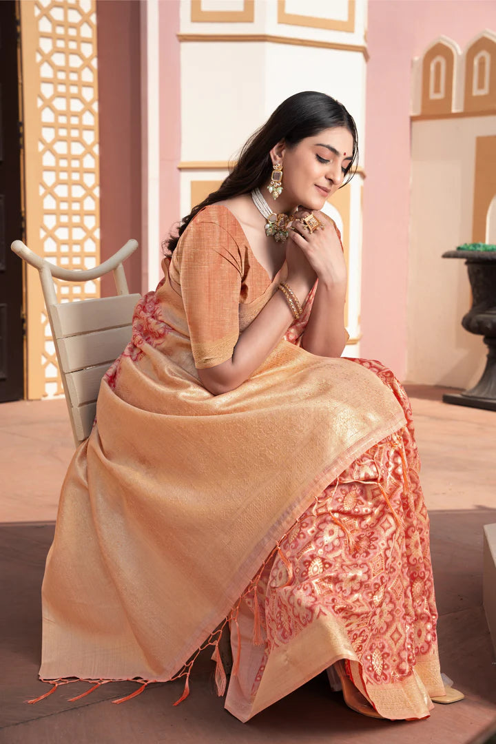 Vastraan Peach Ikat Silk Saree – Zari Woven Grace