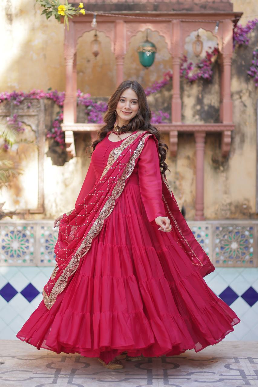 Amazing Red Color Georgette Frill Work Party Wear Gown