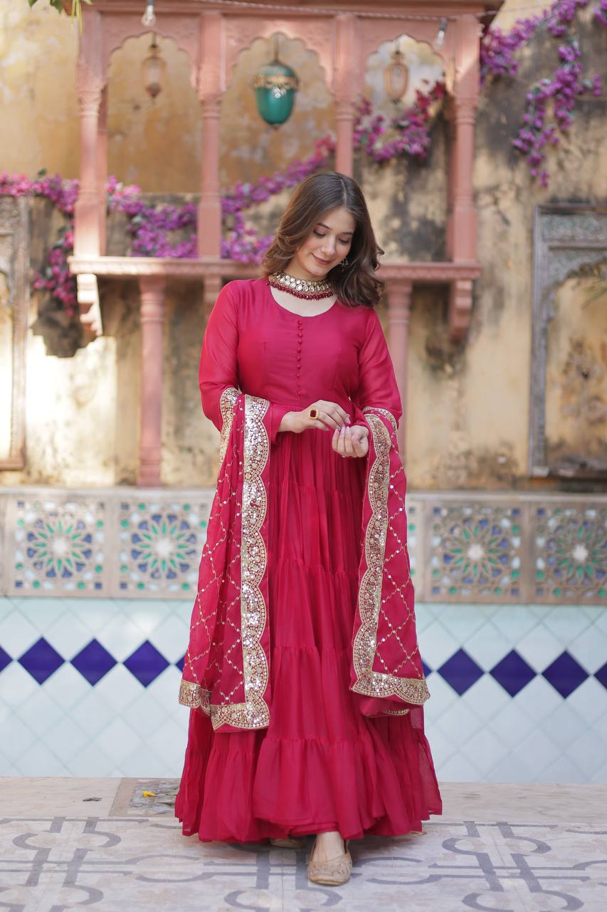 Amazing Red Color Georgette Frill Work Party Wear Gown