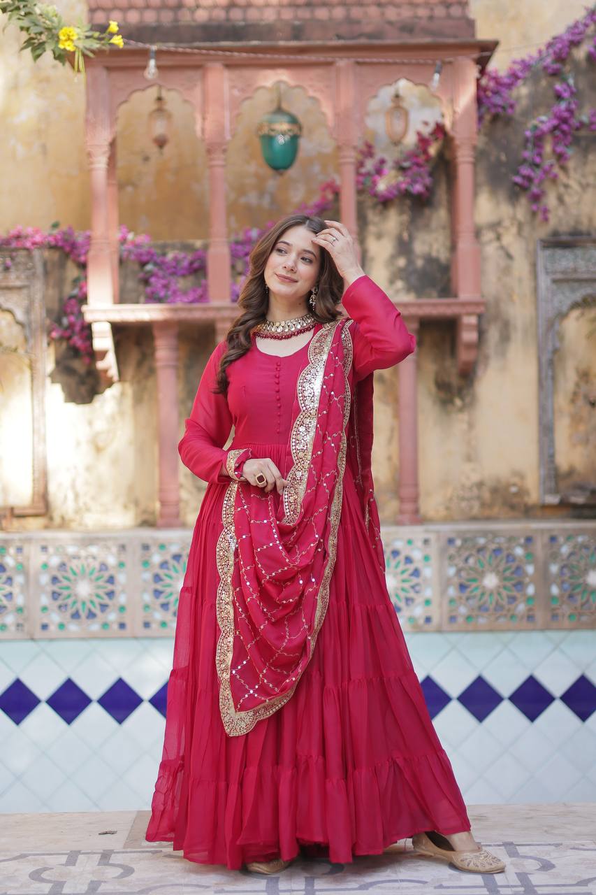 Amazing Red Color Georgette Frill Work Party Wear Gown