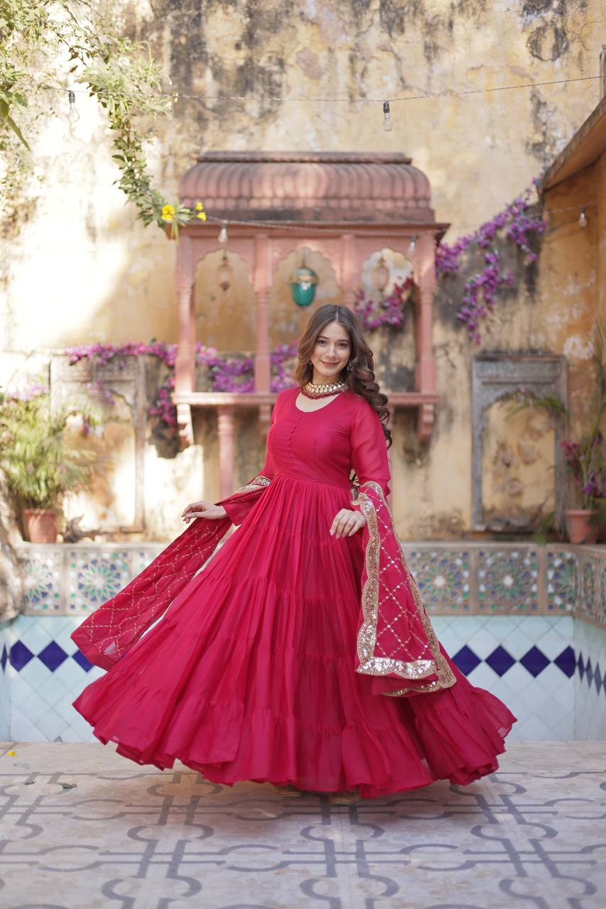 Amazing Red Color Georgette Frill Work Party Wear Gown