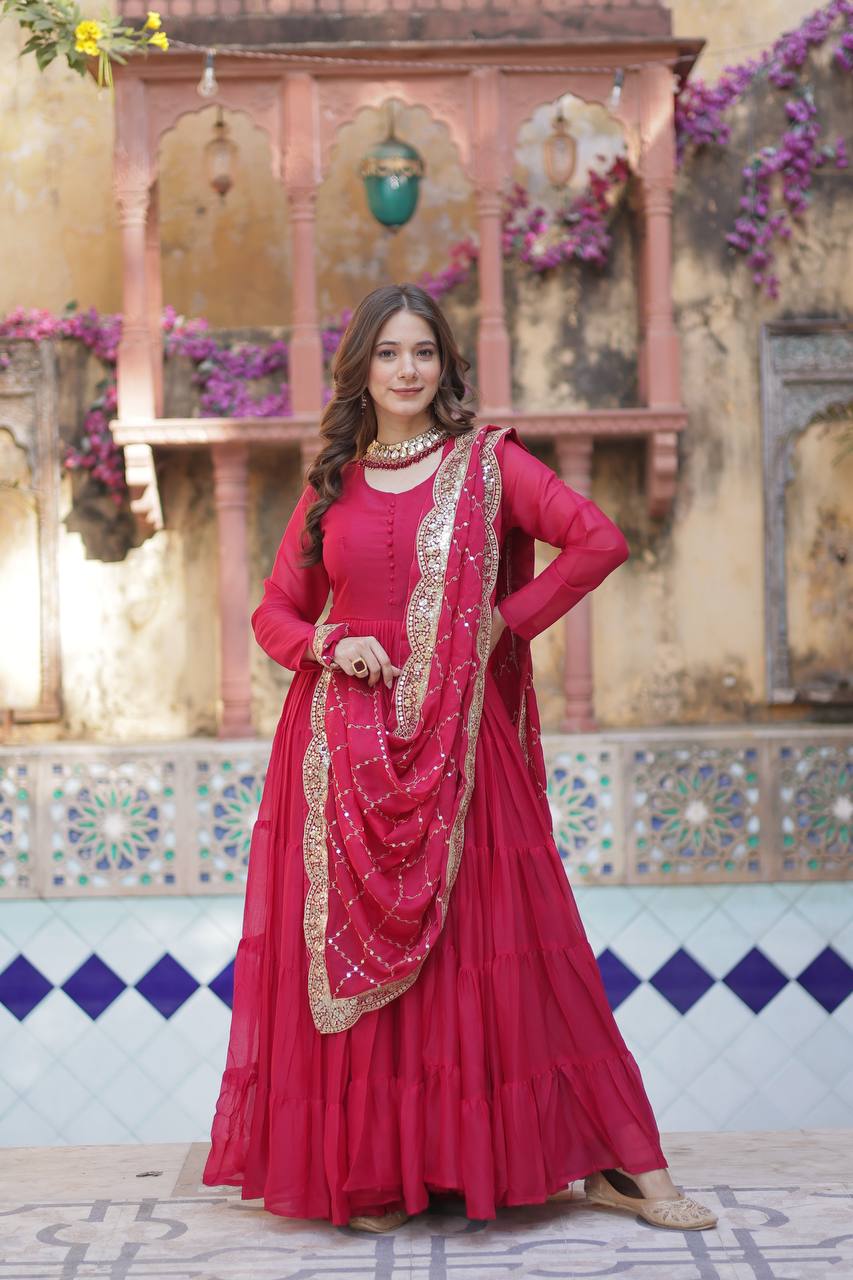 Amazing Red Color Georgette Frill Work Party Wear Gown