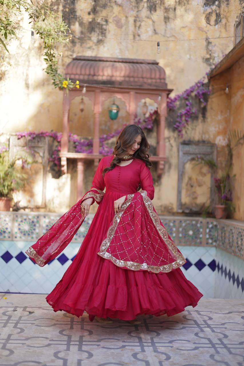 Amazing Red Color Georgette Frill Work Party Wear Gown
