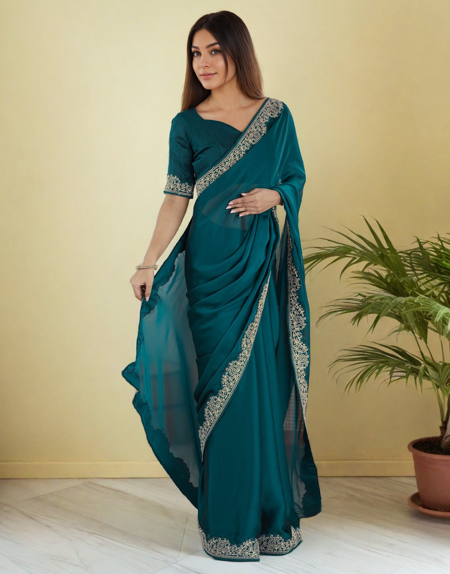 Elegant Rama Color Rangoli Silk Saree with Coding Work – Party Wear