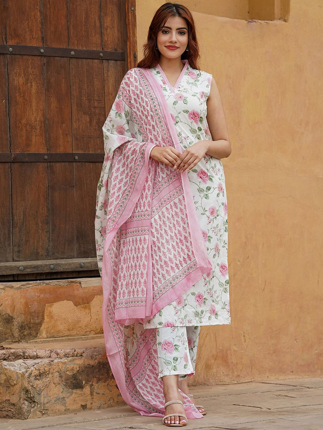 Pink Color Cotton Slub Kurti Pant Set