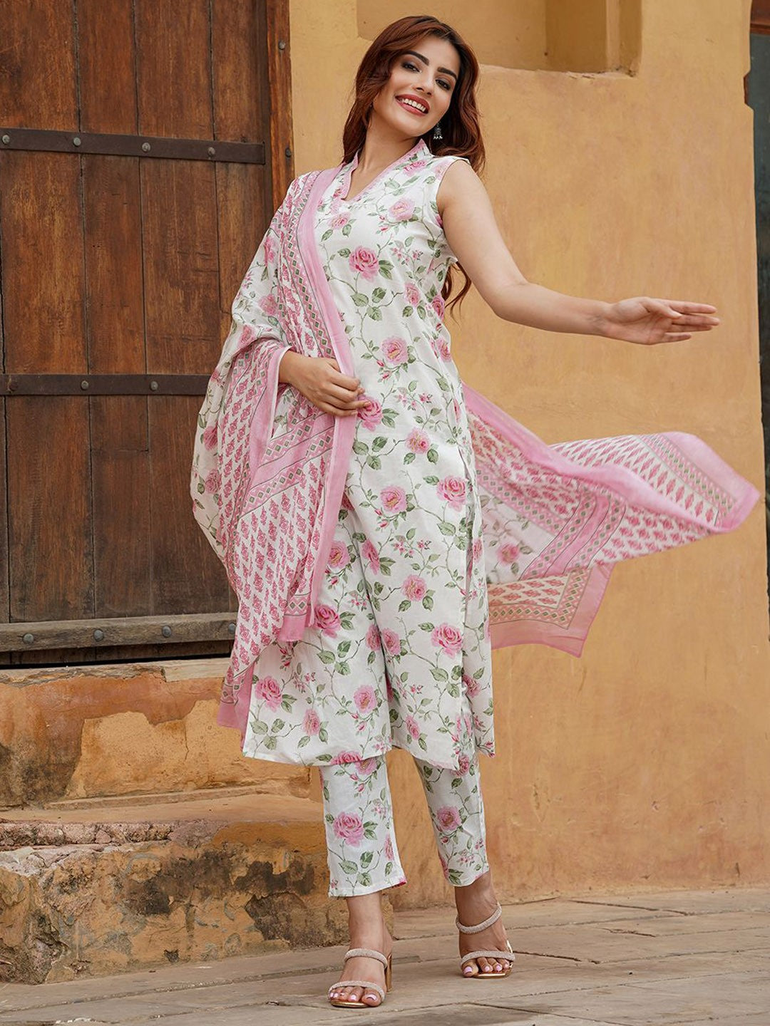 Pink Color Cotton Slub Kurti Pant Set