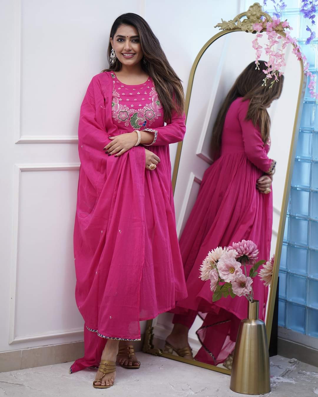 Pink Color BSY Chiffon Kurti Pant Set
