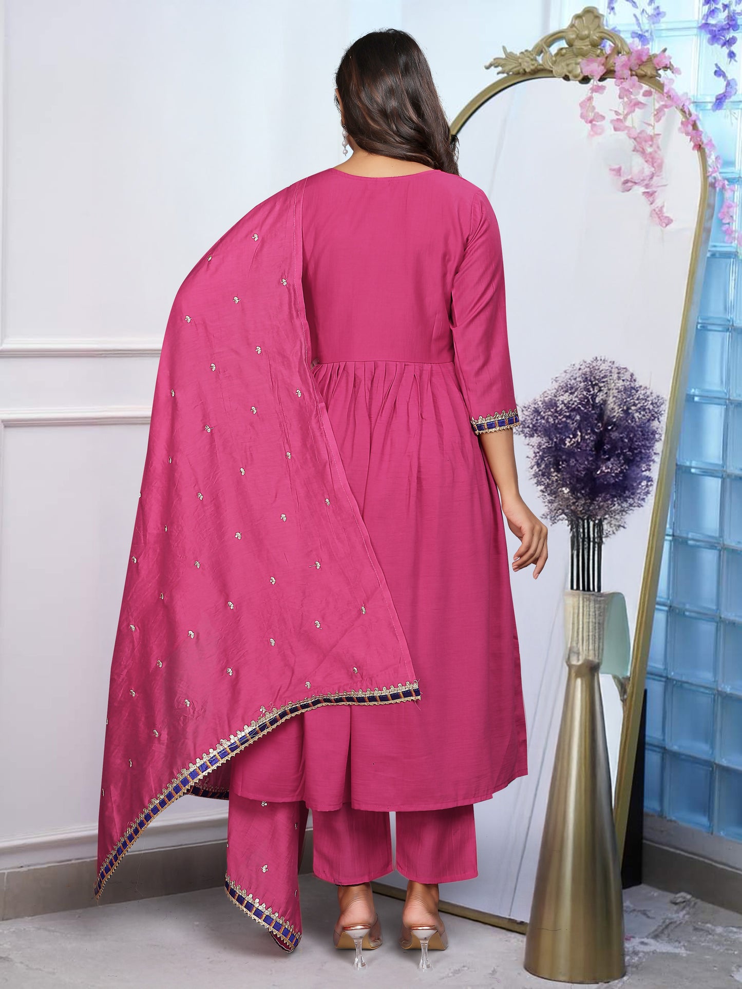Pink Color BSY Chiffon Kurti Pant Set