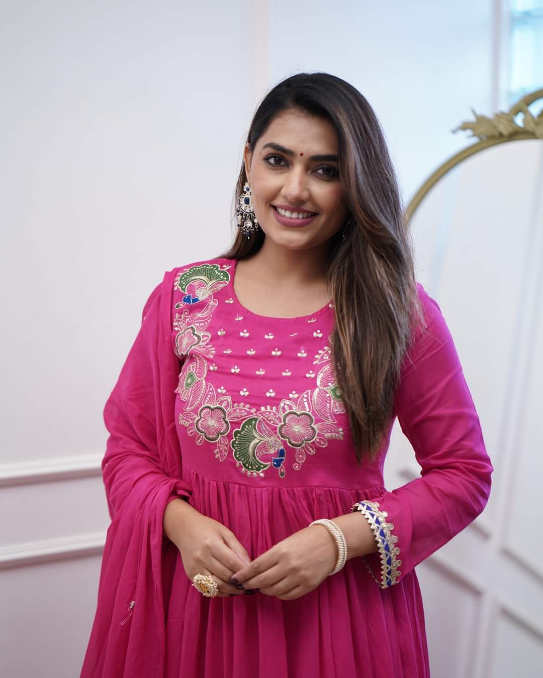 Pink Color BSY Chiffon Kurti Pant Set