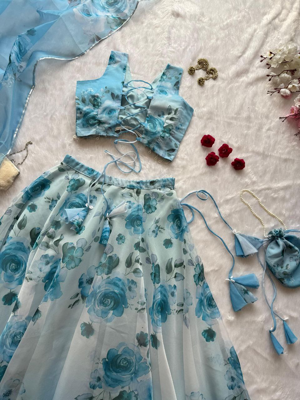 Amazing Party Wear Lehenga Choli – Sky Blue Pure Organza | Vastraan