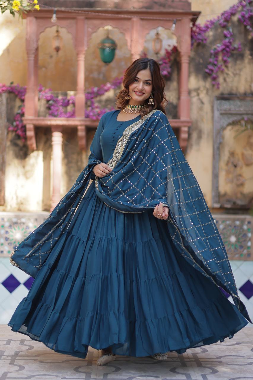 Amazing Teal Color Georgette Frill Work Party Wear Gown