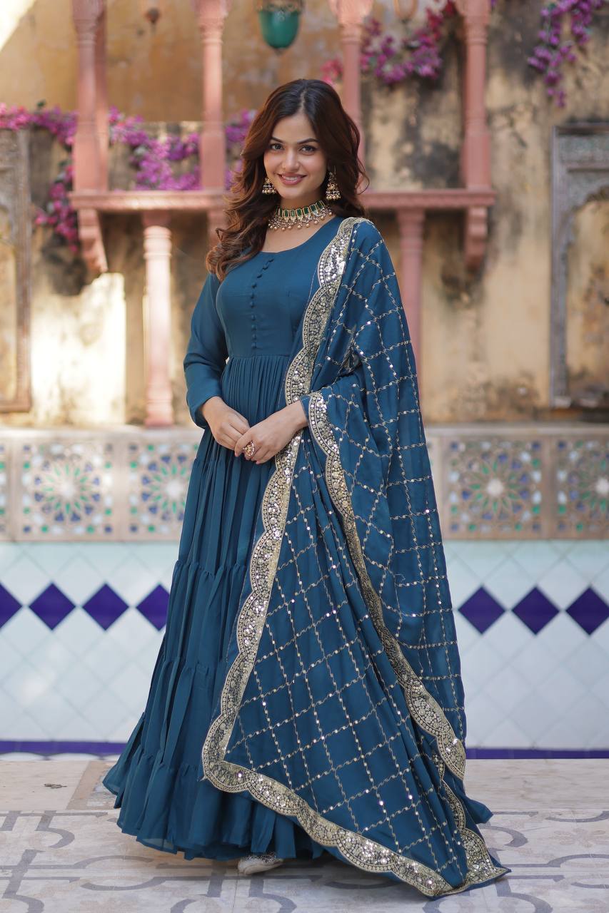 Amazing Teal Color Georgette Frill Work Party Wear Gown