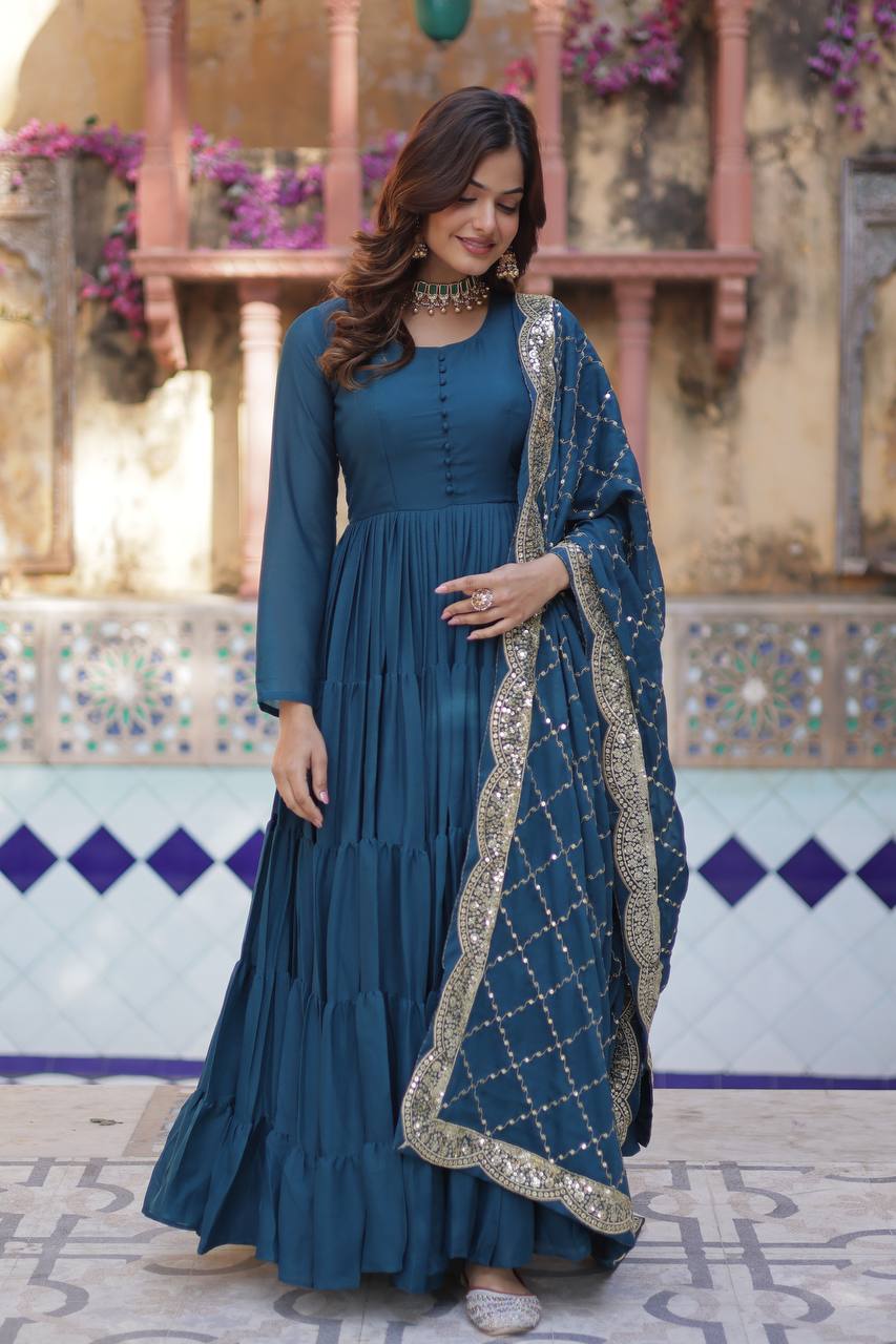 Amazing Teal Color Georgette Frill Work Party Wear Gown