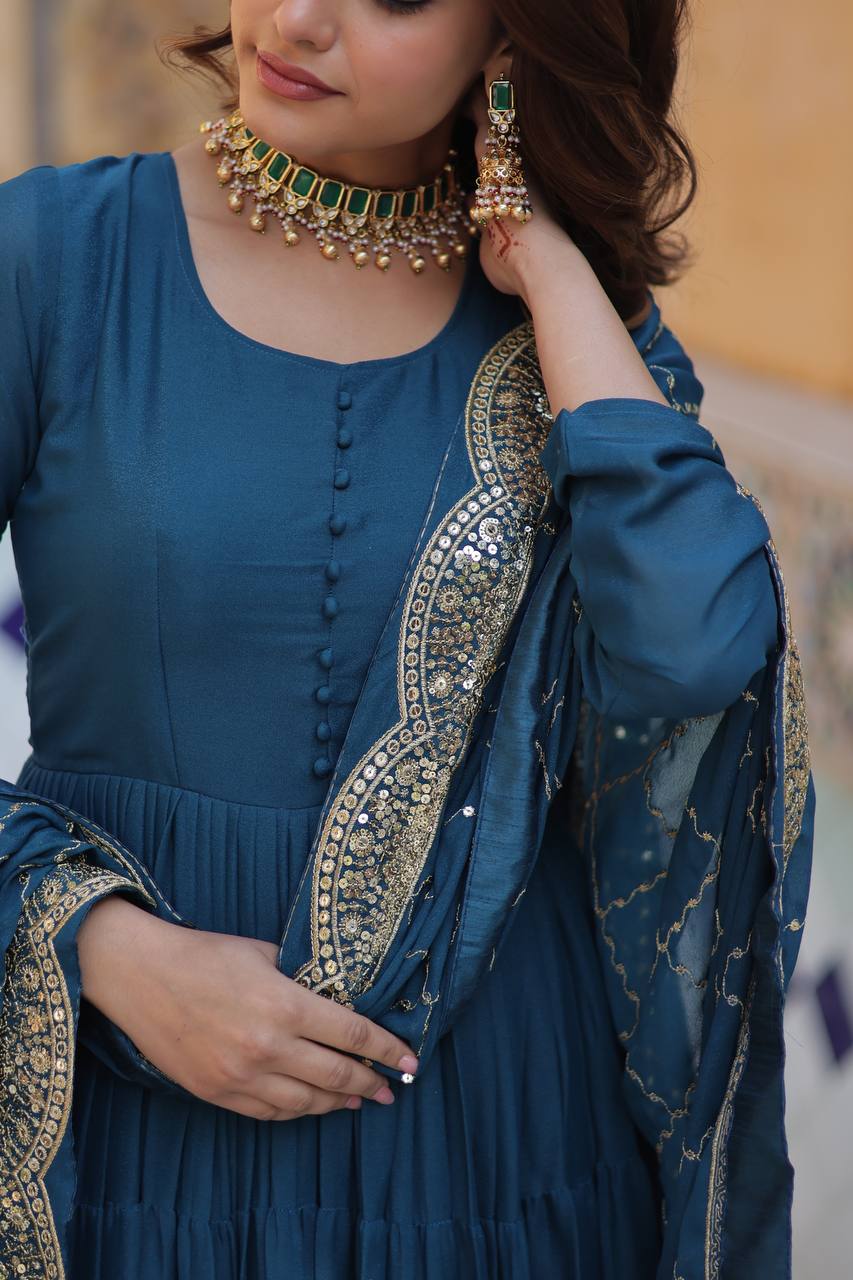 Amazing Teal Color Georgette Frill Work Party Wear Gown