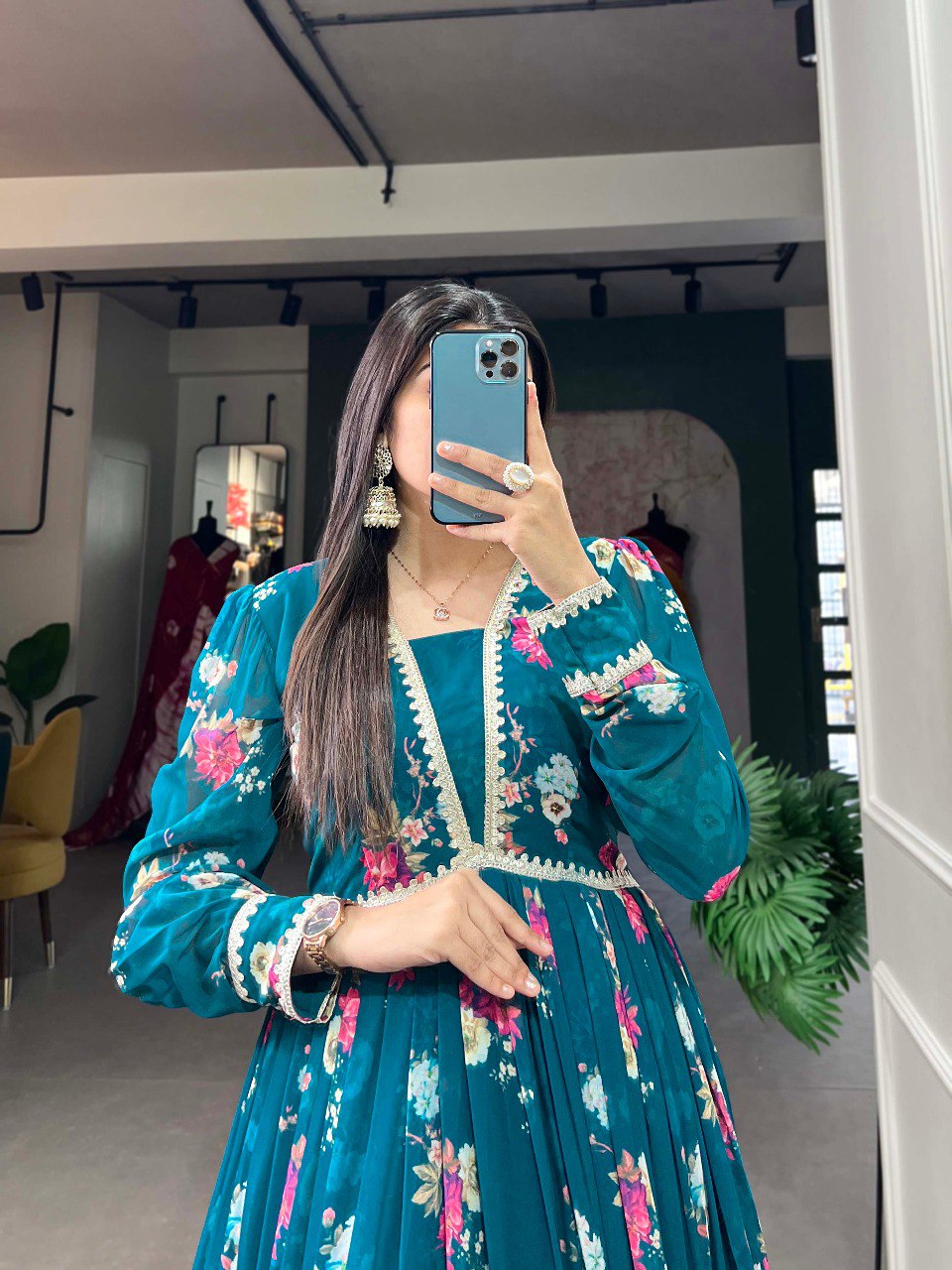 Designer Floral Digital Printed Firozi Color Long Gown