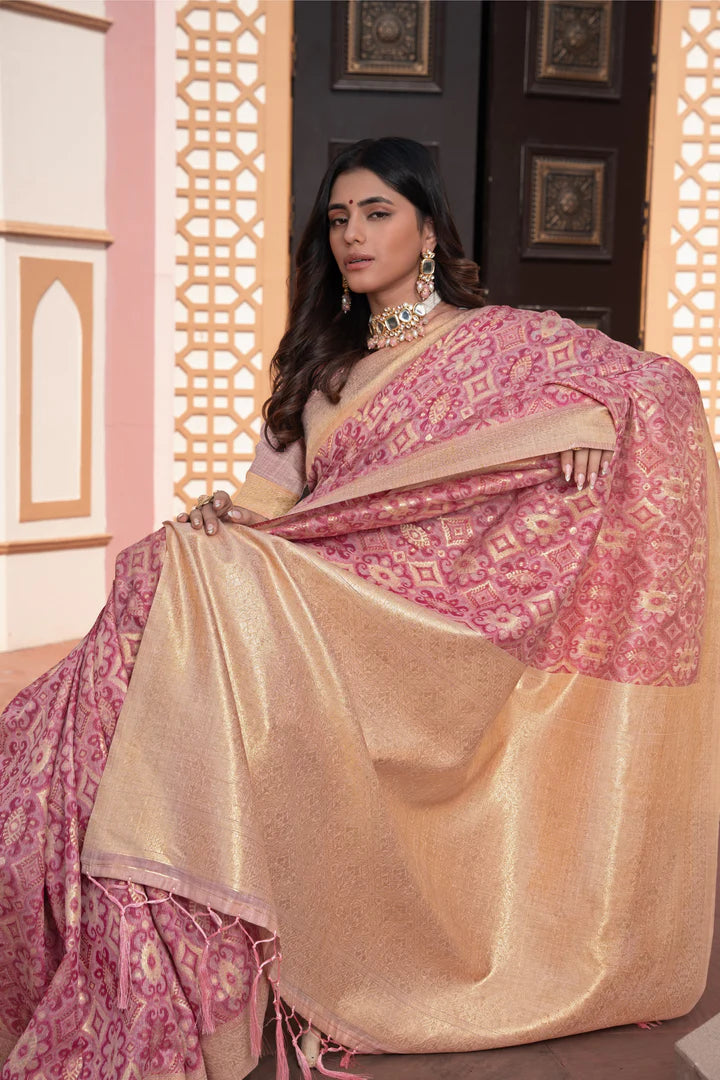 Vastraan Pink Ikat Silk Saree – Zari Woven Elegance