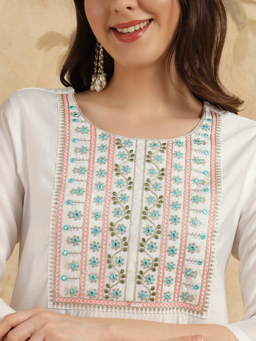 New Off White Color Viscos Chanderi Kurti pant Set